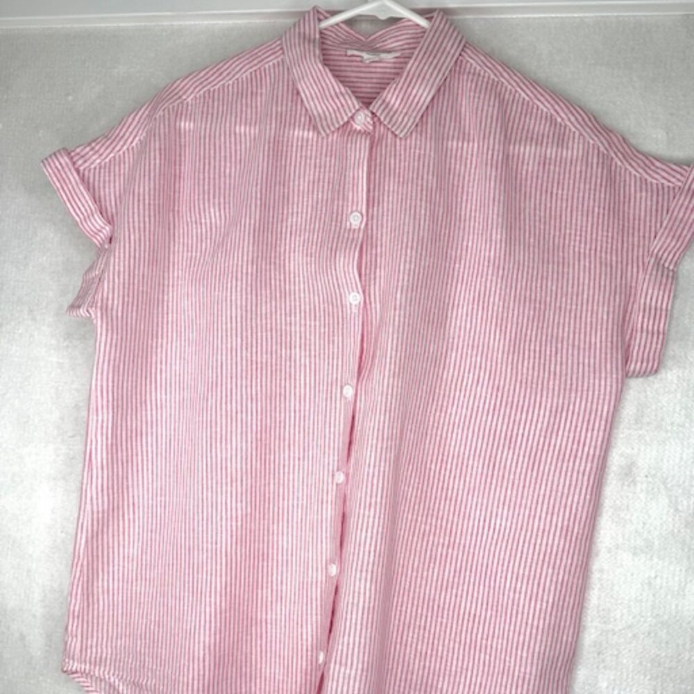 beachlunchlounge Pink and White Striped Button-Up Blouse